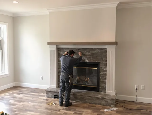 Pineville Chimney Sweep finishing a custom fireplace install in Pineville, NC